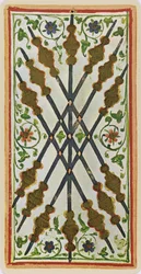 De Zeven van Staven, facsimile van een tarotkaart uit het 